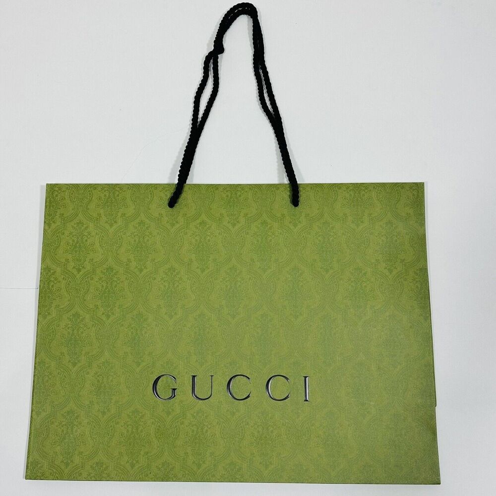 GUCCI 19x14x7 Authentic Paper Shopping Gift Bag Tote Green Damask Print Embossed
